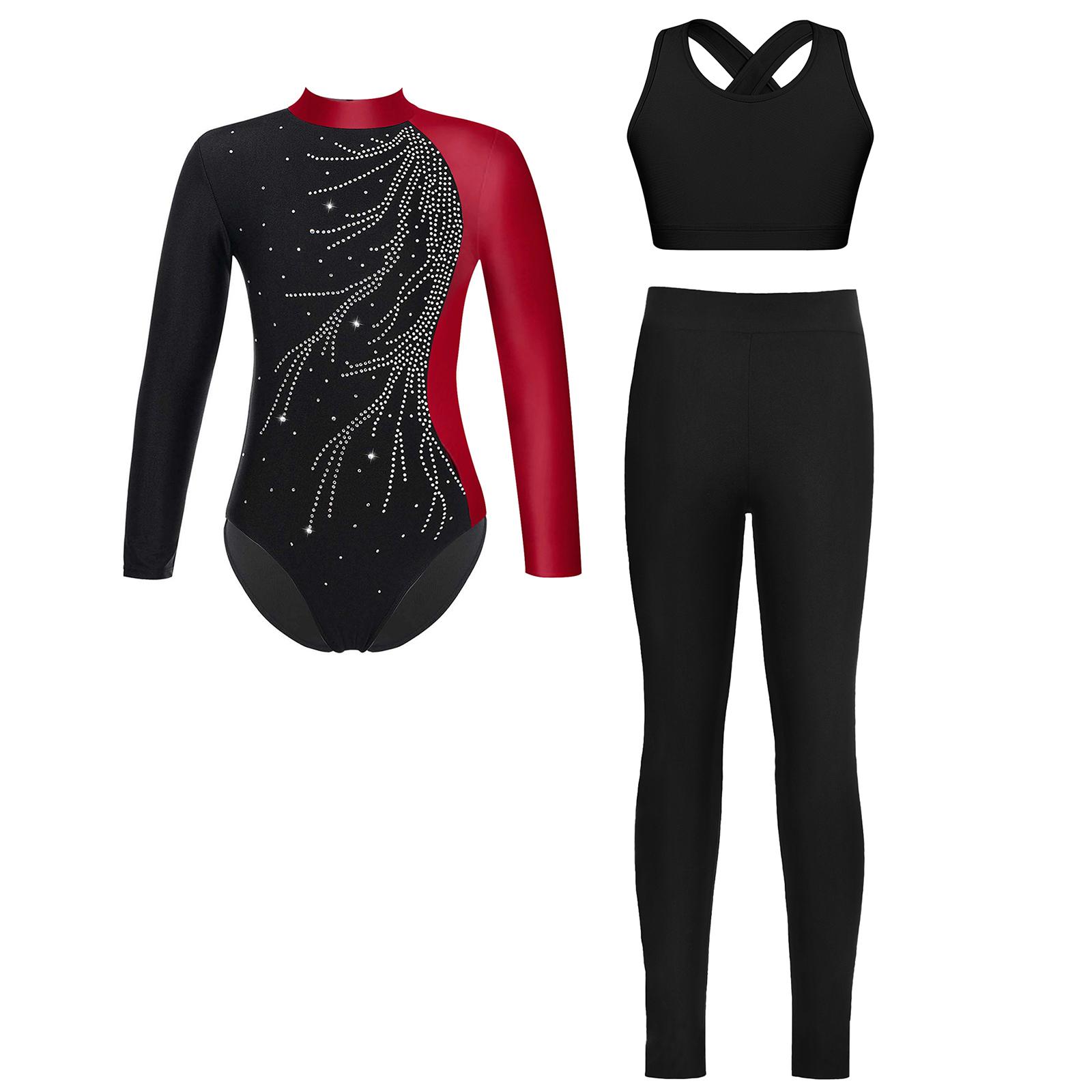 

Kids Gymnastics Costume 3Pcs Set Mock Neck Leotard Cross Cutout Vest Leggings with Rhinestones 15-16 Years