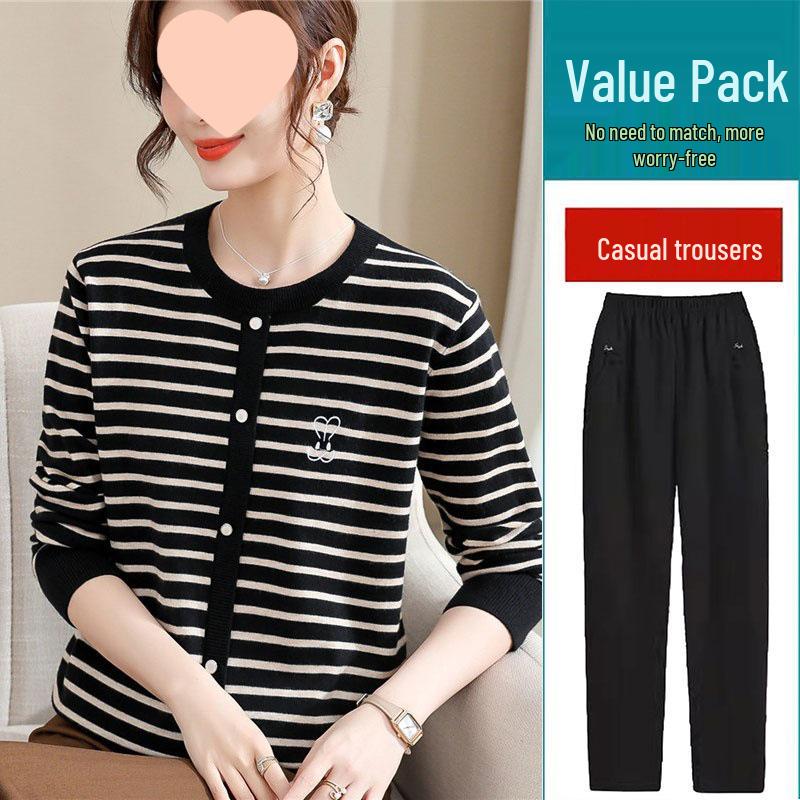 Mom's 2025 Autumn Striped Long-Sleeve Knit Sweater for Middle-Aged & Elderly Women