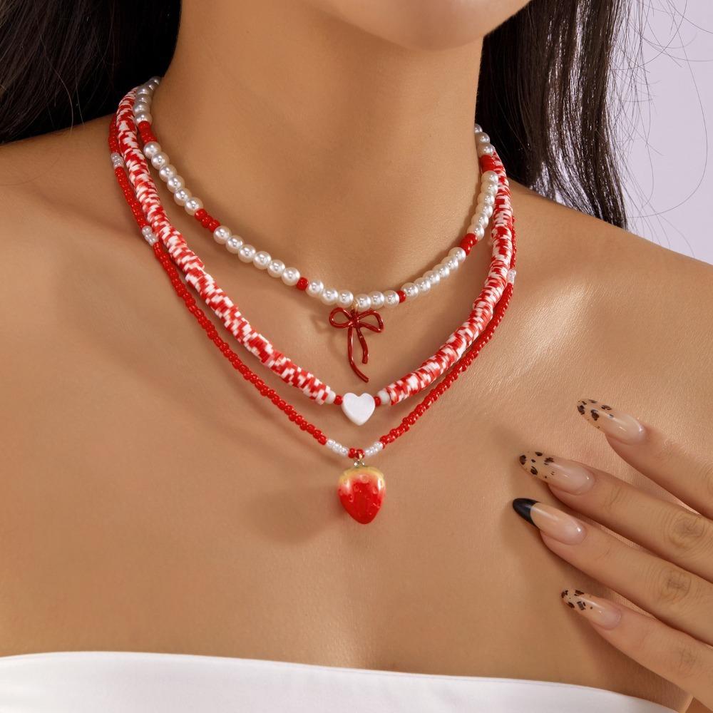 Red Fruit Pearl Beaded Necklace Multi-layer Strawberry Necklace Trendy Cherry Beads Necklace Women