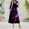 Women Plus Size V Neck Long Sleeve Black Purple Floral Print A Line Midi Dress With Pockets