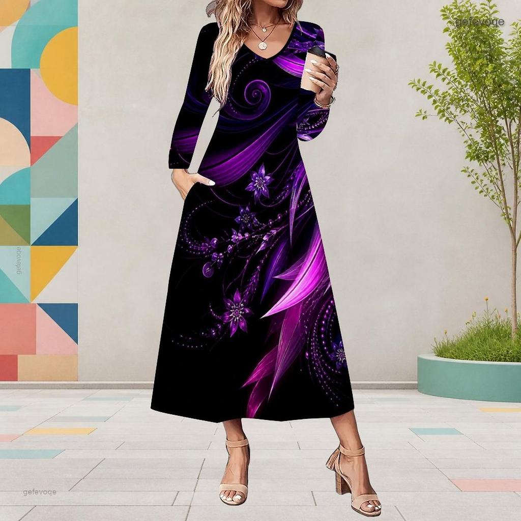 Women Plus Size V Neck Long Sleeve Black Purple Floral Print A Line Midi Dress With Pockets