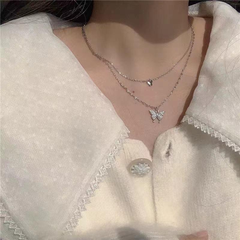 New Shiny Silver Butterfly Necklace Exquisite Double Layer Clavicle Chain Fashion Jewelry Gift for Women