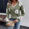Women's Olive Green V-Neck Sweater with 3D Floral Appliques and Fuzzy Trim