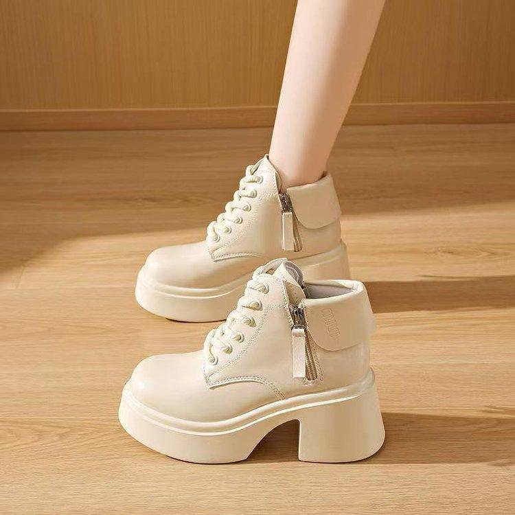 British Soft Leather Heightening Short Boots Women's 2025 Autumn and Winter New Short Boots Low-top Martin Boots Small High-heeled Cotton Boots Women