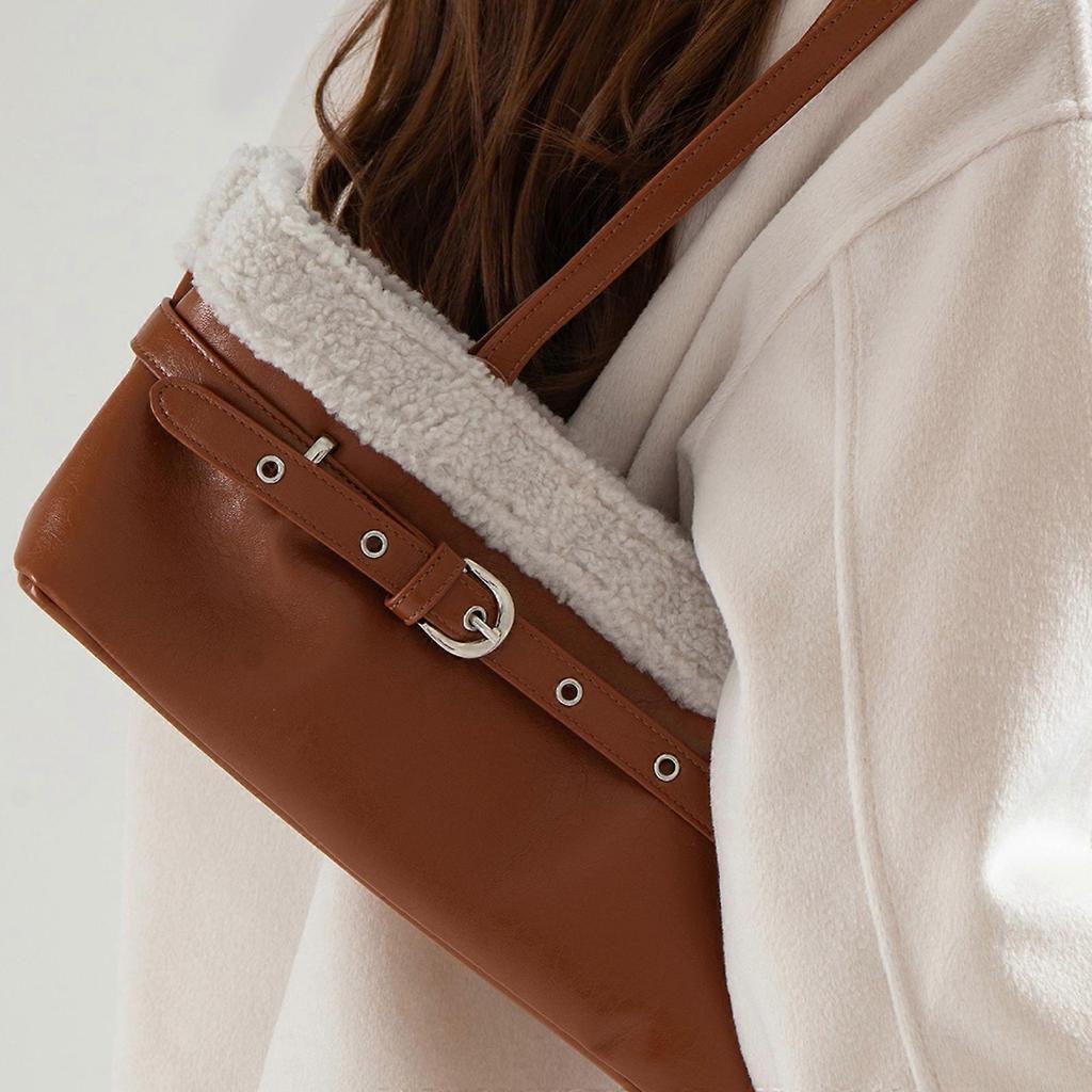 Contemporary Shoulder Bag Armpit Purse with Plush Trim Decors Elegant Underarm Bag for Commuting and Casual Travel brown