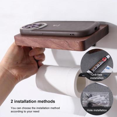 Natural Walnut Wooden Toilet Tissue Roll Holders Wooden Wall-Mounted Phone Holder Shelf Rectangular Durable Toilet Paper Holder
