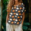 Women's Casual Henley Neck Button Front Shirt Halloween Pumpkin Print Short Sleeve Blouse Lightweight Loose Fit Top