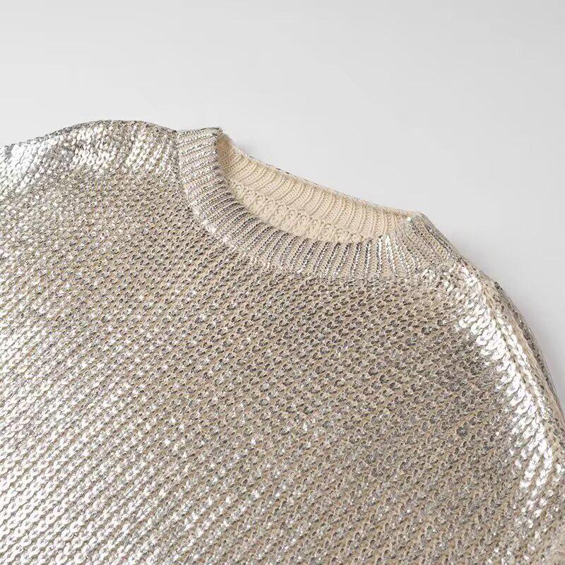 2024 Women's European & American Style Mid-Length Metal Round Neck Pullover Sweater