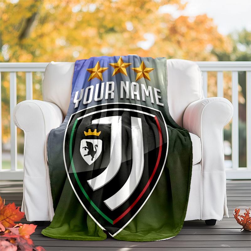 1pc Personalized Name Juventus Theme Blanket - Digital Print, Polyester, Cozy for All Seasons, Perfect for Outdoor, and Travel