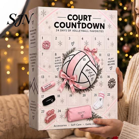 Christmas Countdown Box for Teens Volleyball Girl Advent Calendar, 24-Day Sports Accessories School Team Presents with Hair Ties Charms Socks,