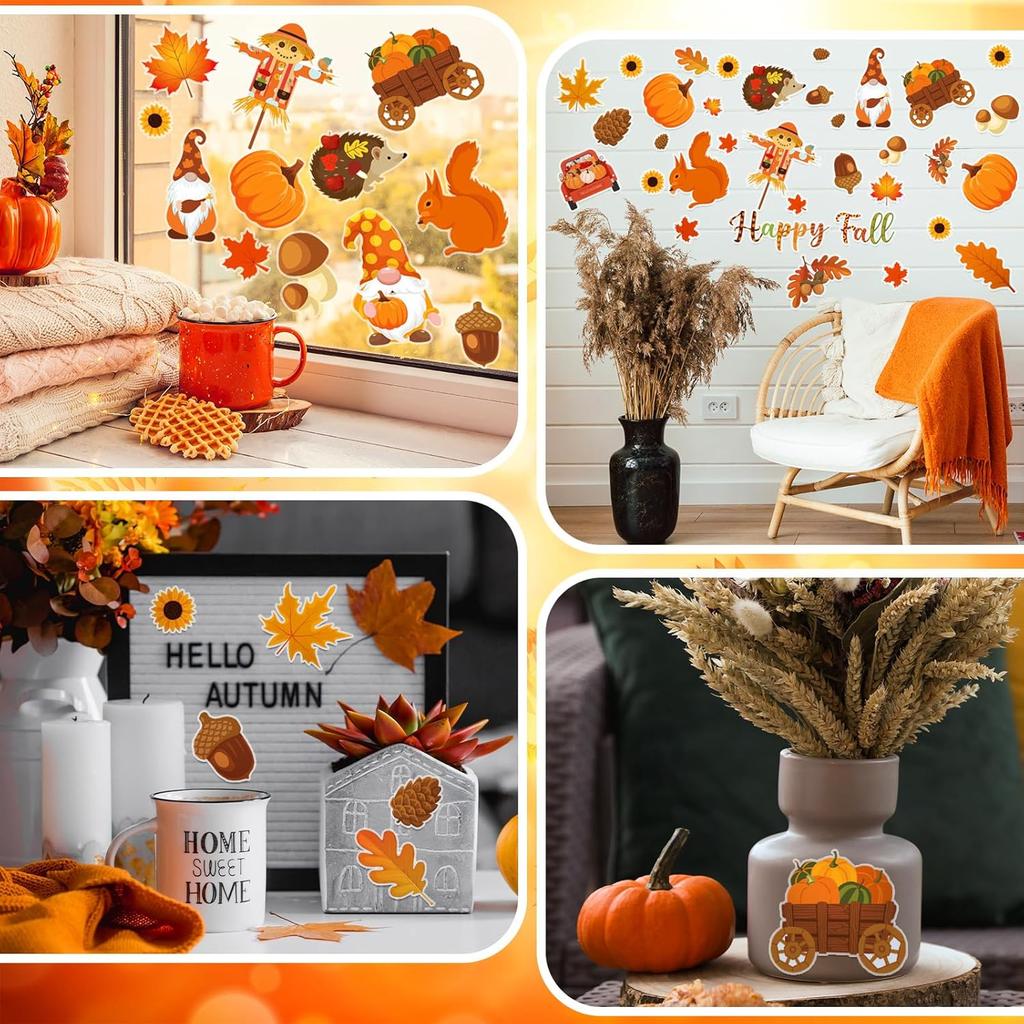 2 Sheet 64 Pcs Thanksgiving Gel Window Clings Fall Thick Gel Cling Removable Reble Autumn Harvest Window Sticker Pumpkin Maple Leaves Gnome Decal for