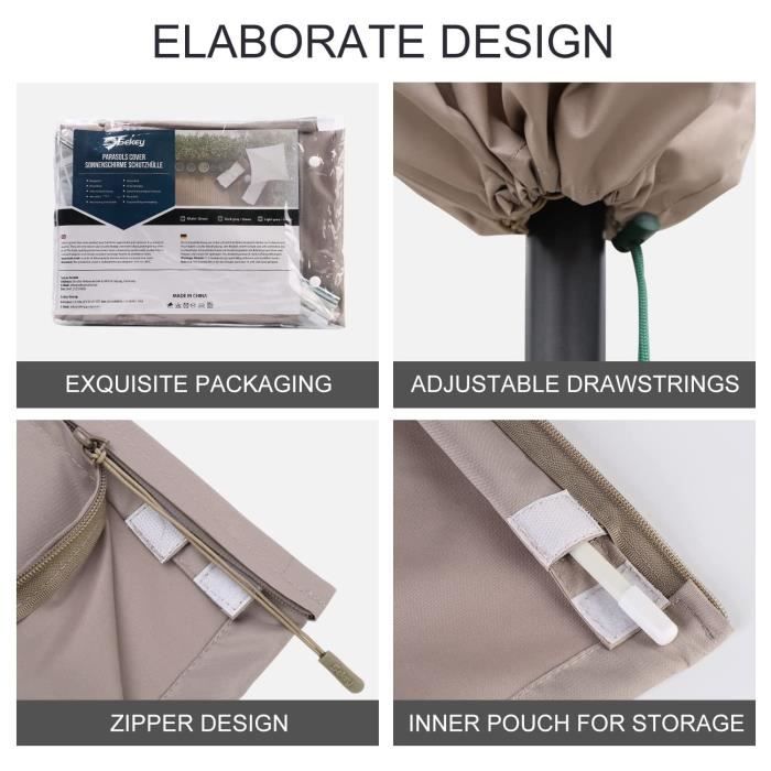 Sekey Housse de Protection pour Parasol de 2 à 4 m, Housse de Parasol déporté-Patio Jardin, 100% Polyester, imperméable, Kaki