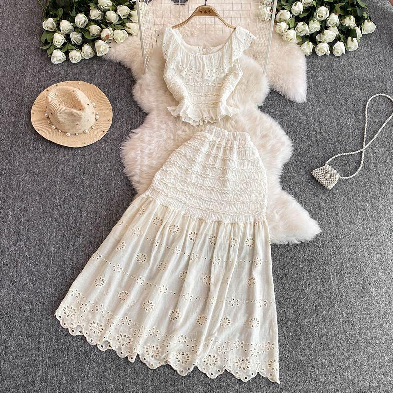 

Milk Series Small Sized Man s Wear a Set of Women s Summer New Arrival Lace Hollow-out Short Tops High Waist Two-Piece Overskirt Suit Apricot L