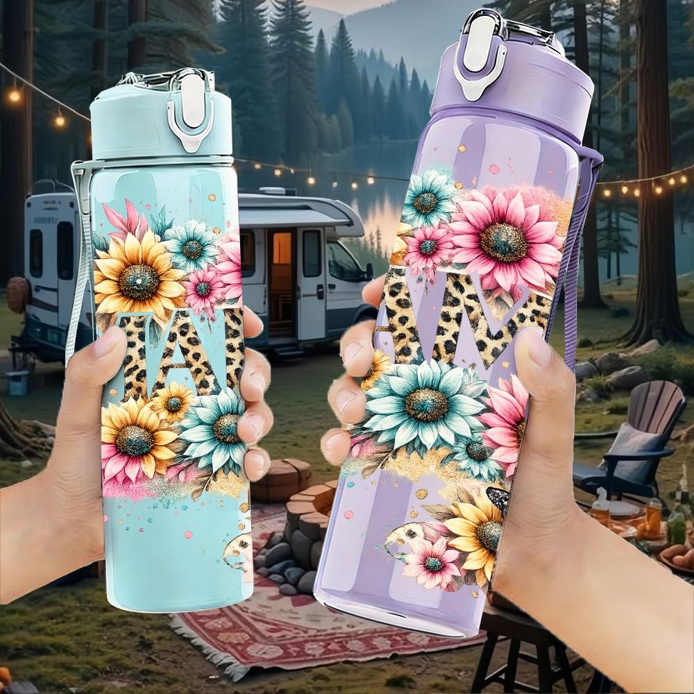 1PC Sunflower Boho Floral Lettering 750ml Color Plastic Sports Water Bottle Leakproof Flip Straw Lid Suitable for Sports Office Home Use