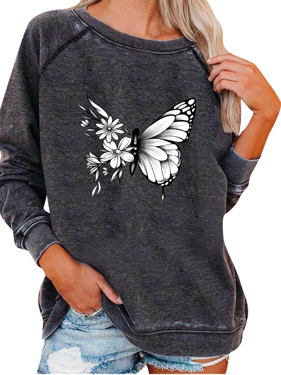 

Женский пуловер оверсайз, толстовка с принтом бабочки, женская модная толстовка на весну/осень 3XL серый