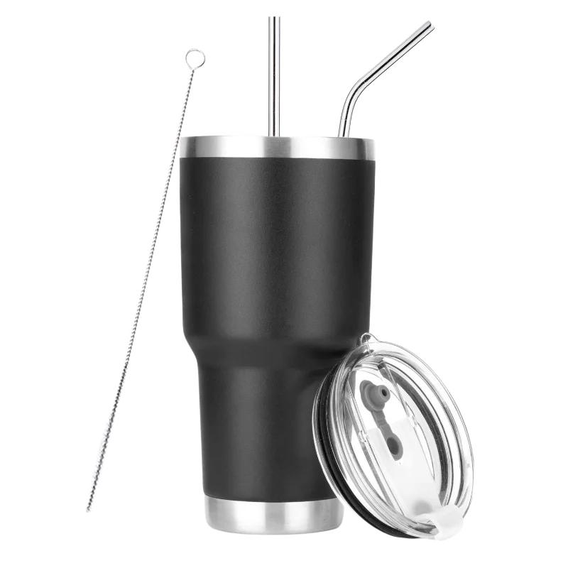 Gobelet 30 oz Double paroi Acier inoxydable Isolé sous vide Mug de voyage avec couvercle anti-éclaboussures Paille en métal et brosse