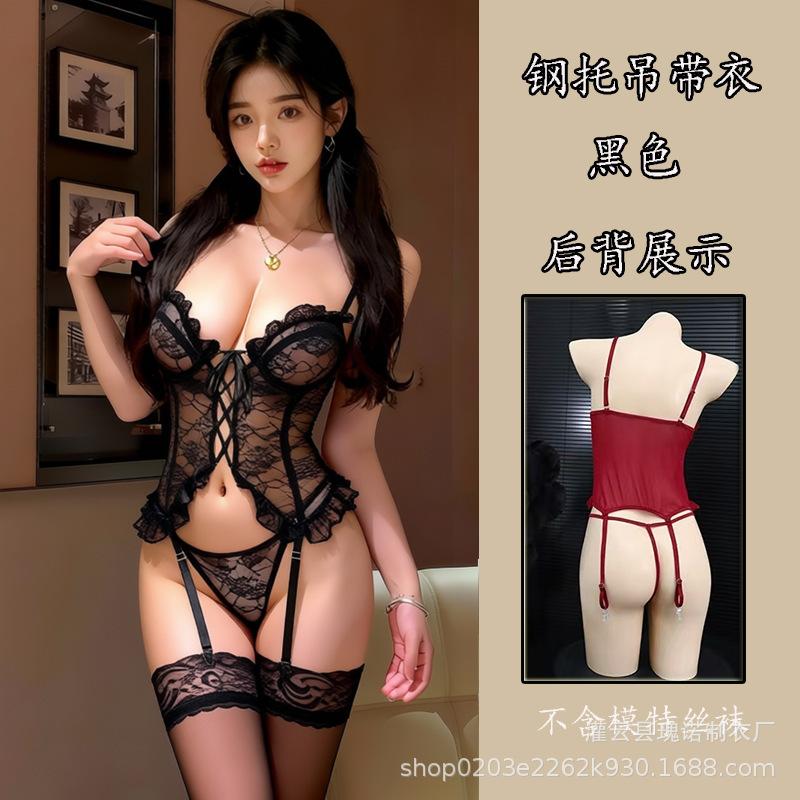 Large size new sex underwear steel tray hollow garter belt split purple nightdress sexy temptation small chest must enter