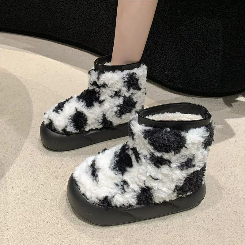 Fashion Luxury Winter Women Short Plush Warm Snow Boots Casual Shoes New Leopard Print Soft Cute Ankle Boots Flats Platform Ladies Shoes
