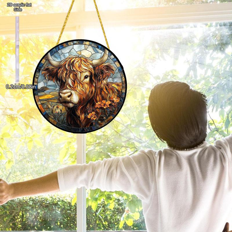 Bison Suncatcher Stained Glass Window Acrylic Round Wall Hangings Farmhouse Garden Ornaments Home Decor Gift for Animal Lovers, Perfect for Home 