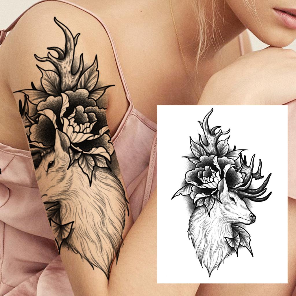 Sexy Tiger Flower Temporary Tattoo For Women Girl Skull Leopard Lion Tattoos Sticker Black Fake Tribal Animal Large Wasit Tattos