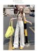 Damen Jeans im amerikanischen Stil, Weiß, Schlank, Weiter Bein, Hohe Taille, Sommer, Bodenlang, Entspannte Passform