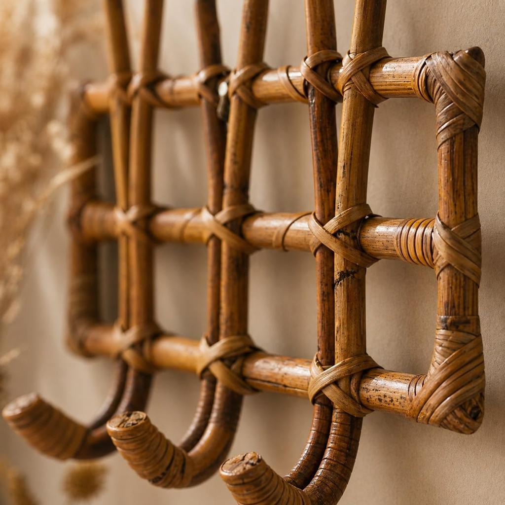 Eco Decx Handcrafted Rattan Wall Hook Organizer with 4 Hooks, Wooden Cane Key Holder for Entryway, Bedroom & Living Room Decor