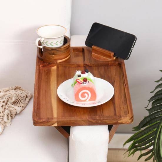 Sofa Food Tray with Cup Holder Phone Mount High Stability Smooth Edge Minimalist Style 3-in-1 Clip-on Tray Drink Holder