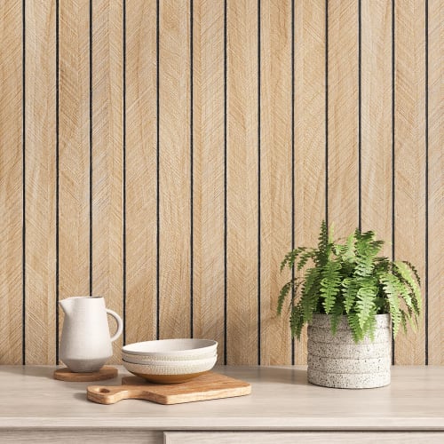 VEELIKE 3D Beige Wood Grain Wallpaper Slatwall Panel Sticker, 3mm Thick, 42.8x300cm, with Sponge, Strap Wood Grain Wall Panel, Remake Sheet, Cuttable,