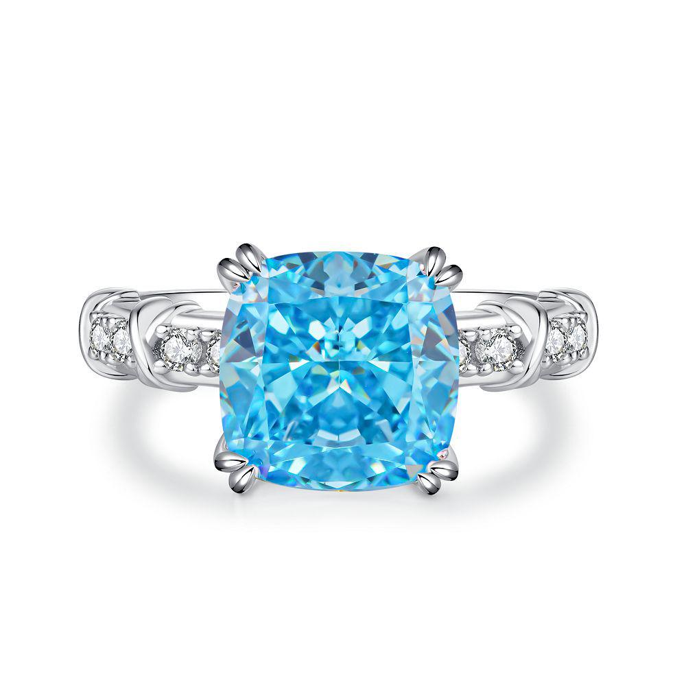 Exquisite S925 Silver Square Sugar High Carbon Diamond Women's Ring with Aquamarine Accent - Bold European/American Style.