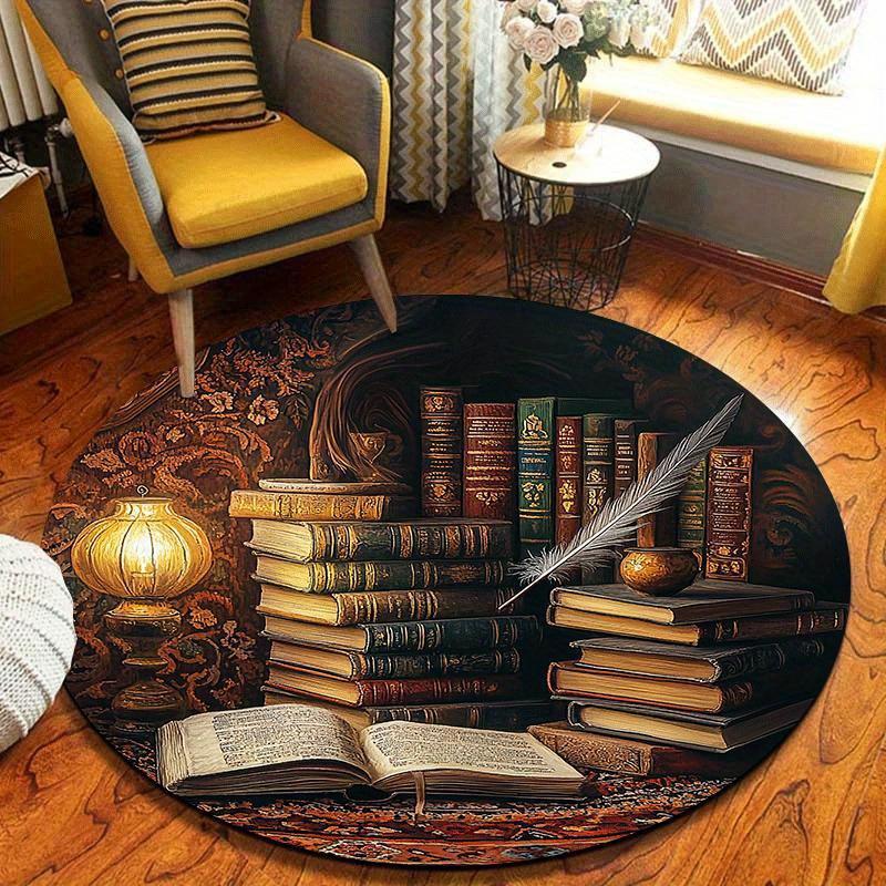 

Vintage Library Old Books Round Area Rug For Living Room Bedroom Study Decor Large Carpet Non-slip Floor Mat Rug For Book Lovers 80cm x 80cm