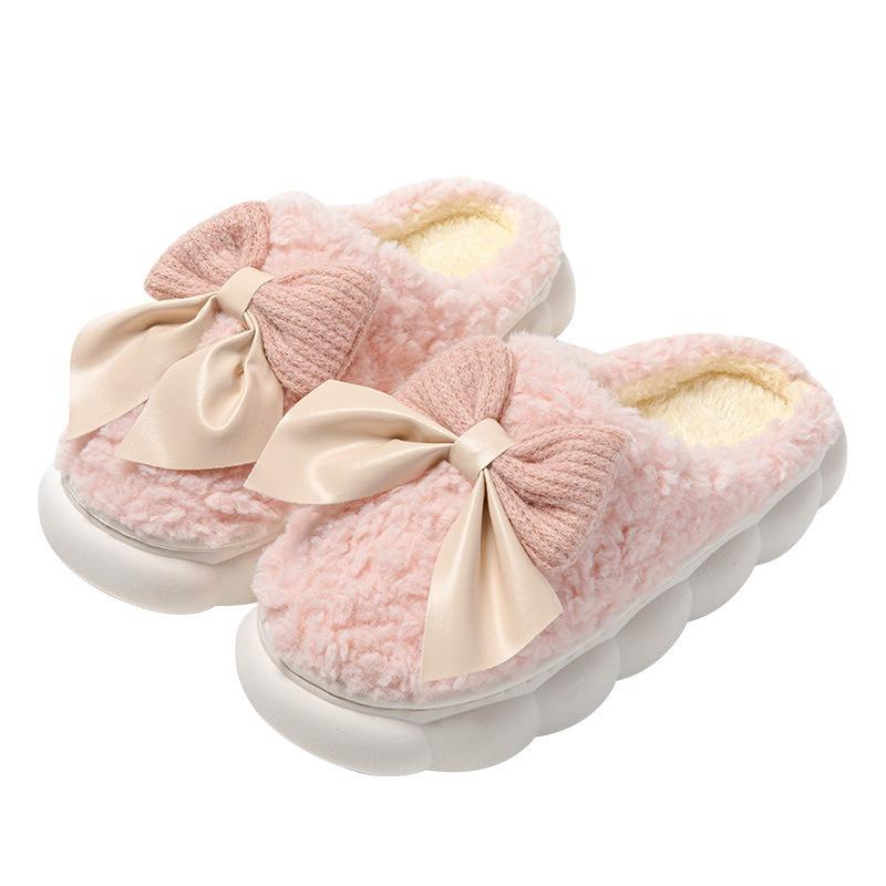 Cotton Slippers Women's Bow Autumn and Winter Thick-soled Non-slip Indoor Lightweight Plush Warm Wool Tray Confinement Shoes