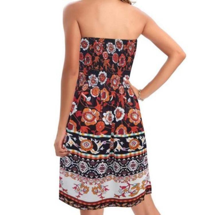 Summer Off Shoulder Dress Women Sleeveless Backless Bohemian Floral Printed A-line Elastic Bust Knee Length Beach Vacation Bandeau Dress