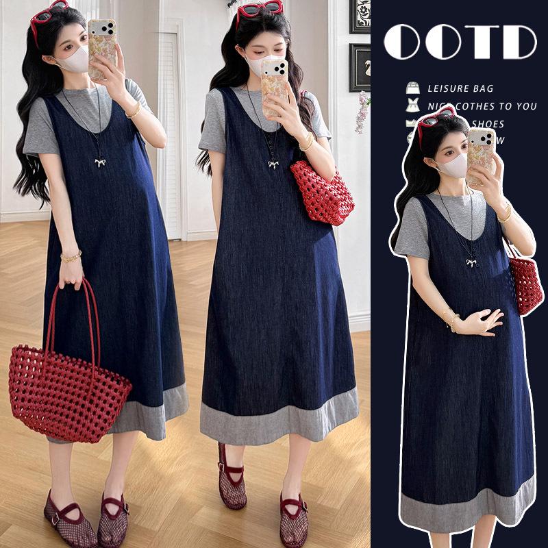 2026 Summer Maternity Set: Comfortable T-shirt & V-neck Denim Vest Dress XL