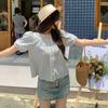 French sweet lace bubble short-sleeved shirt women's summer small fresh retro plaid shirt loose top