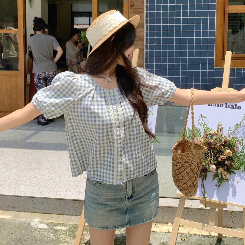French sweet lace bubble short-sleeved shirt women's summer small fresh retro plaid shirt loose top