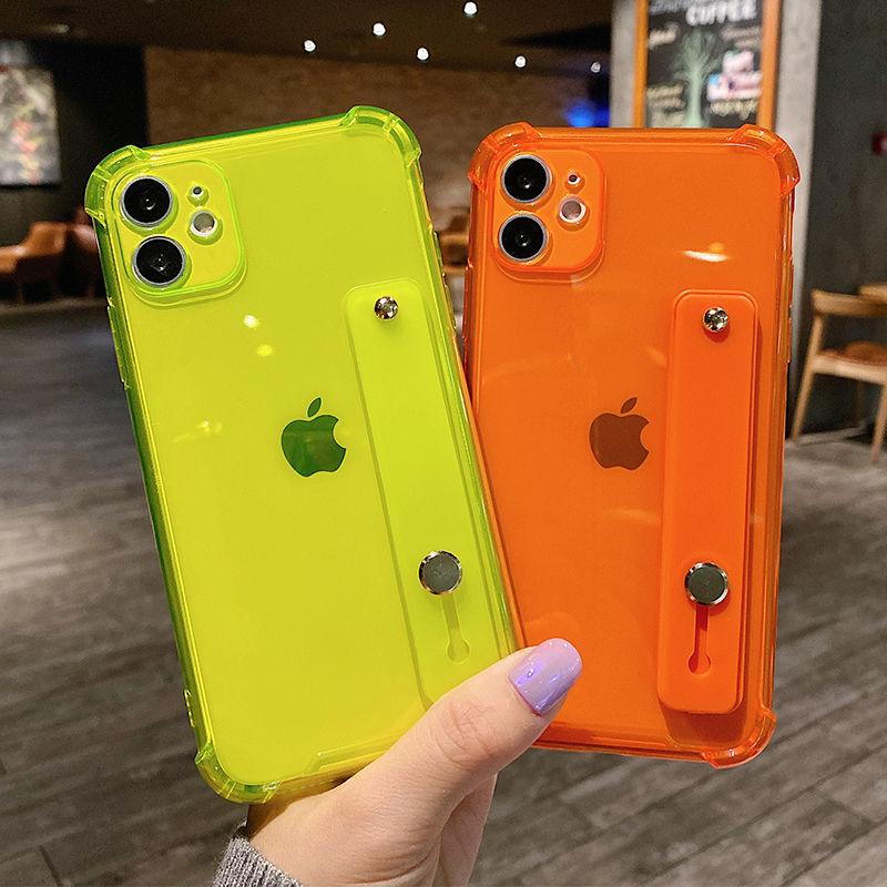 Fluorescent Clear Phone Case For Iphone 14 13 12 11pro Max Xr Xs Max 14plus X Soft Tpu Shockproof Wrist Strap Stand Back Cover