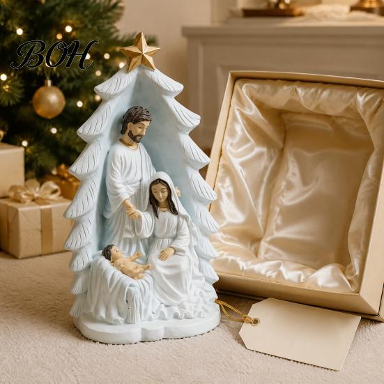 Gold Star Nativity Decor for Desk Holy Family Statue, Christmas Tree Resin Ornament, Hand-Painted Figurine Home Religious Tabletop Altar & Fireplace