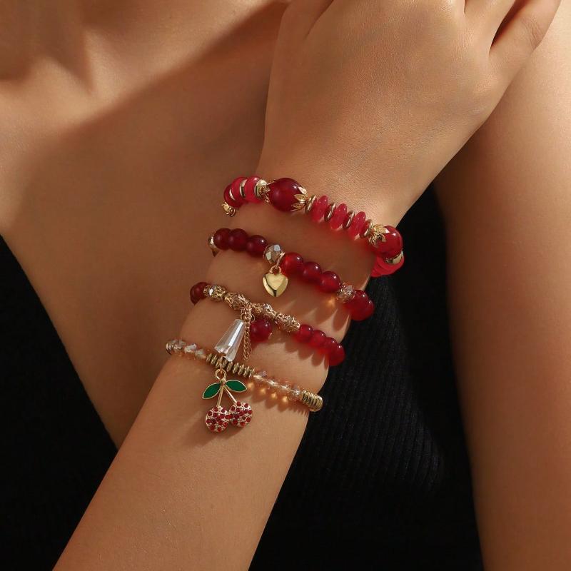 4 Pcs Versatile Red ABS Bead & Cherry Drop Oil Pendant Bracelet Set, Suitable For Women's Everyday And Vacation Outfits