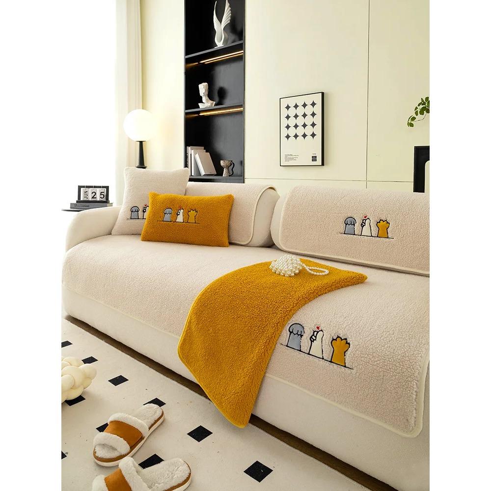 Lamb Plush Sofa Cushion Winter Warm Thickening Non-Slip Living Room Sofa Cover Cloth Universal Leather Sofa Recliner Cover