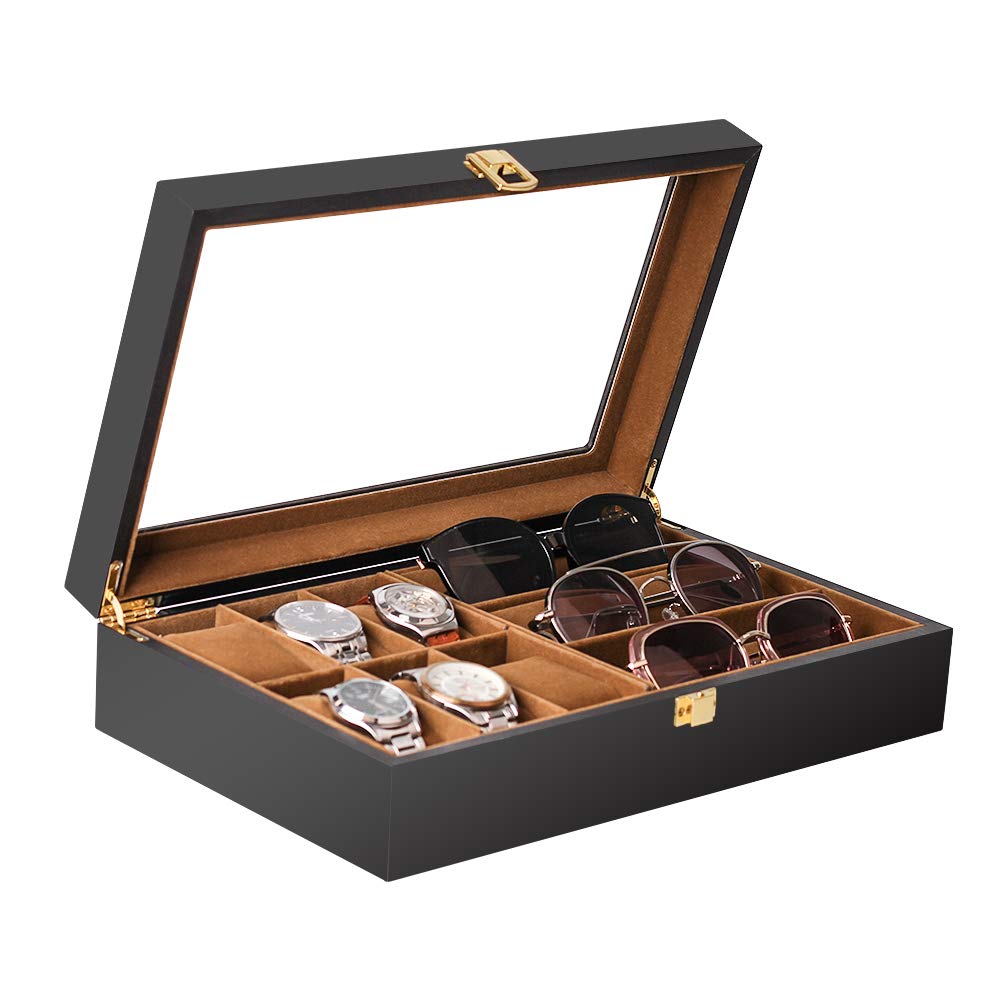 

Baskiss Luxury Wooden Watch Eyeglass Sunglasses Storage Fits 6 Watches or 3 Perfect for Collecting Jewelry Case, & Box, Sunglasses,