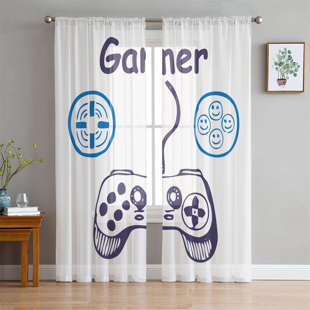 Switch Game Console White Gamepad Voile Curtain For Bedroom Tulle Window Curtain For Living Room Sheer Curtains Blinds Drapes2Pc