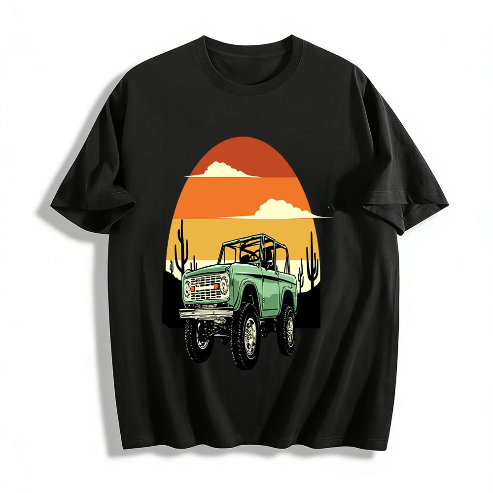 Vintage Off-Road Car Desert Sunset Graphic Casual Tee Pure cotton T-shirt XXS