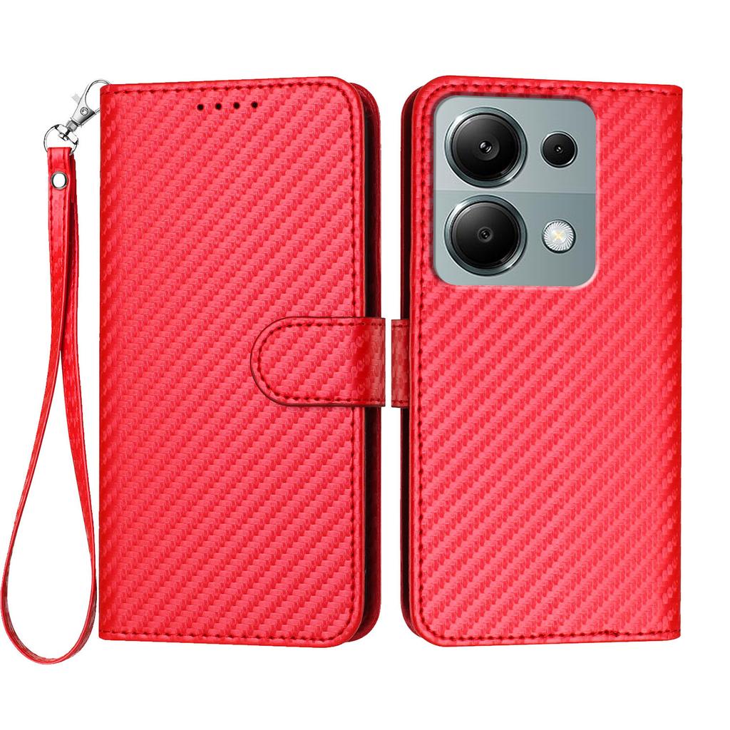 For Xiaomi Poco M6 Pro 4G/Xiaomi Redmi Note 13 Pro 4G Wallet Case with Strap Carbon Fiber Texture Leather Mobile Cover