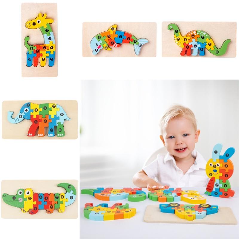 Holz 3D Tier Puzzle Spielzeug für Kleinkinder Elefant, Krokodil, Delfin, T-Rex, Giraffe