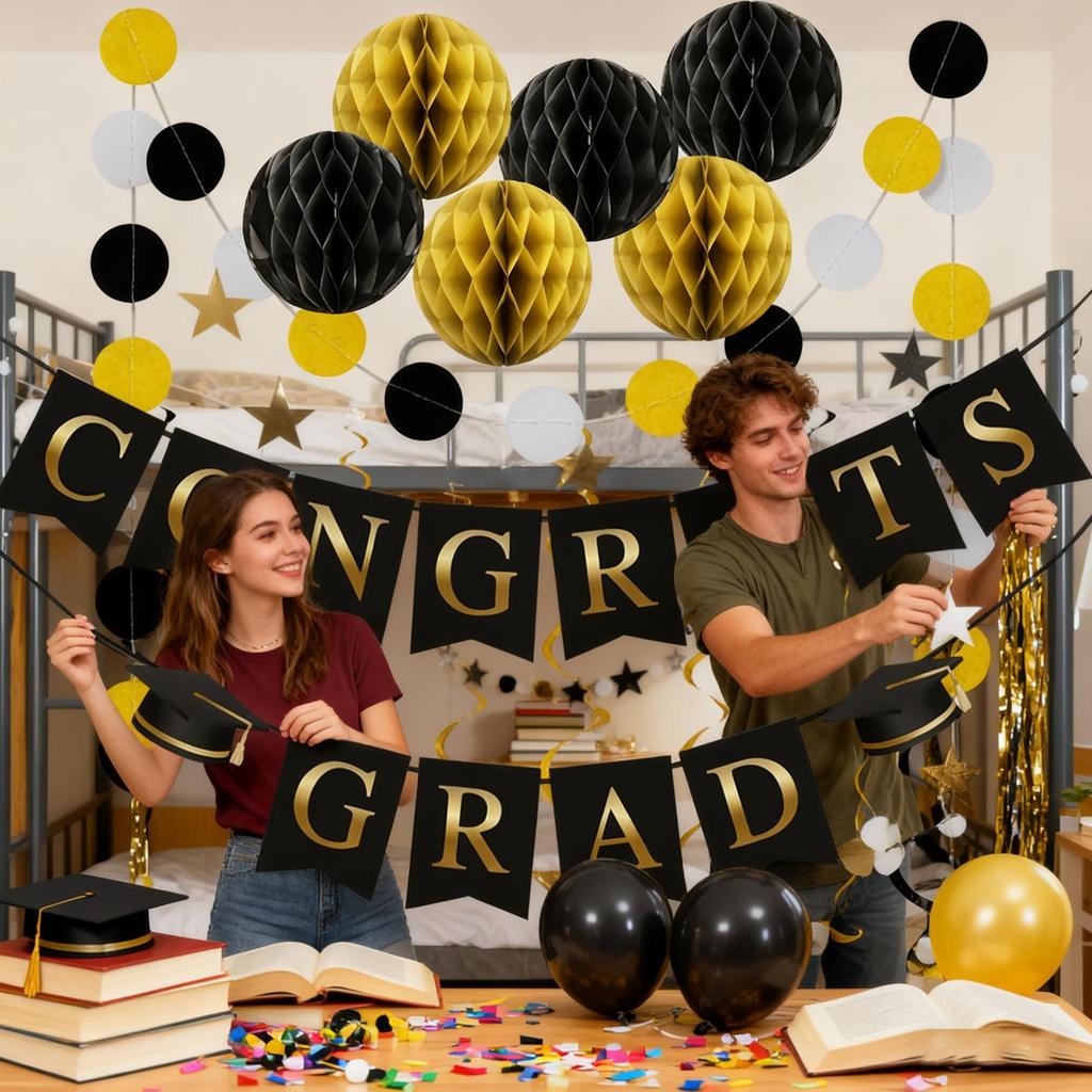 Graduation Banner Graduate Sign Set Paper Stars Balls Happy Graduation Banner For College High School University Door Ceiling