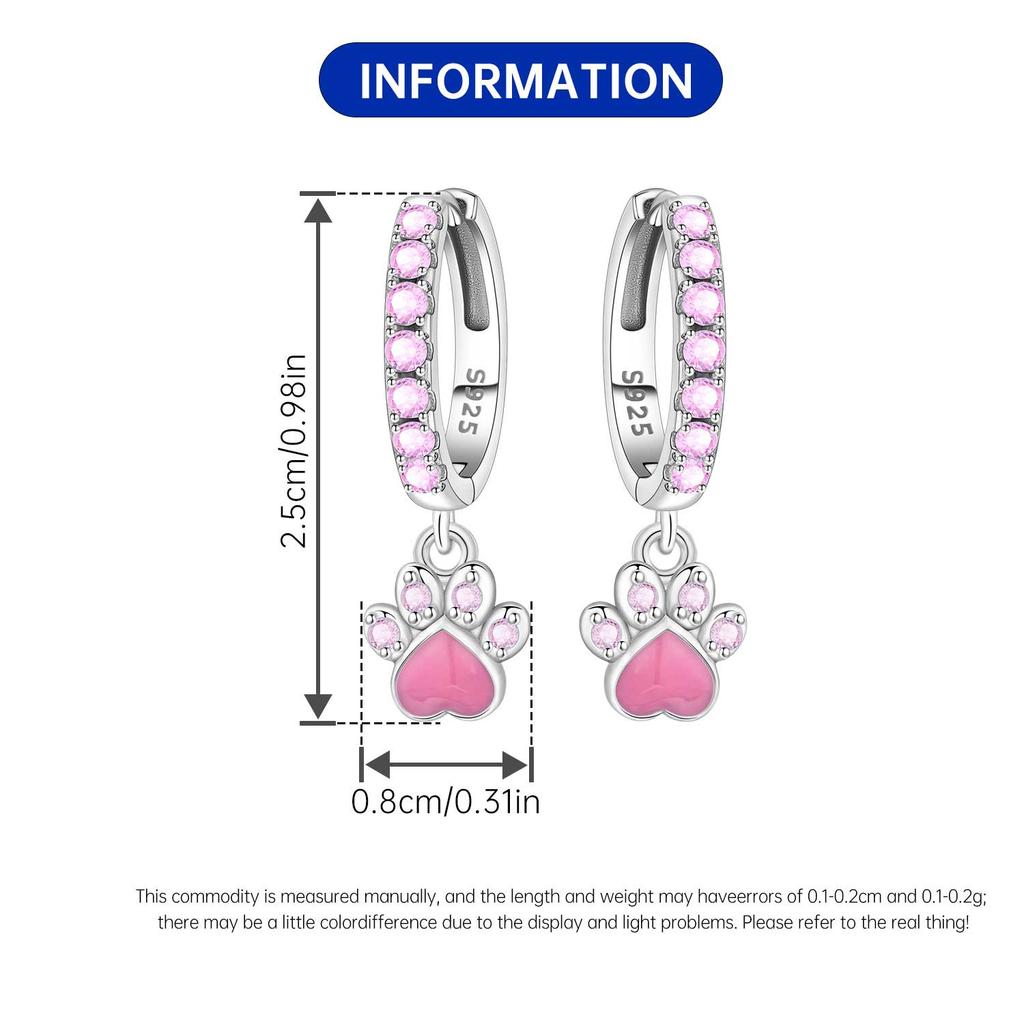 Original 925 Silver Zircon Pink Paw Print Earrings Heart Flower Leaf Design Women Party Jewelry Gift Ear Loops