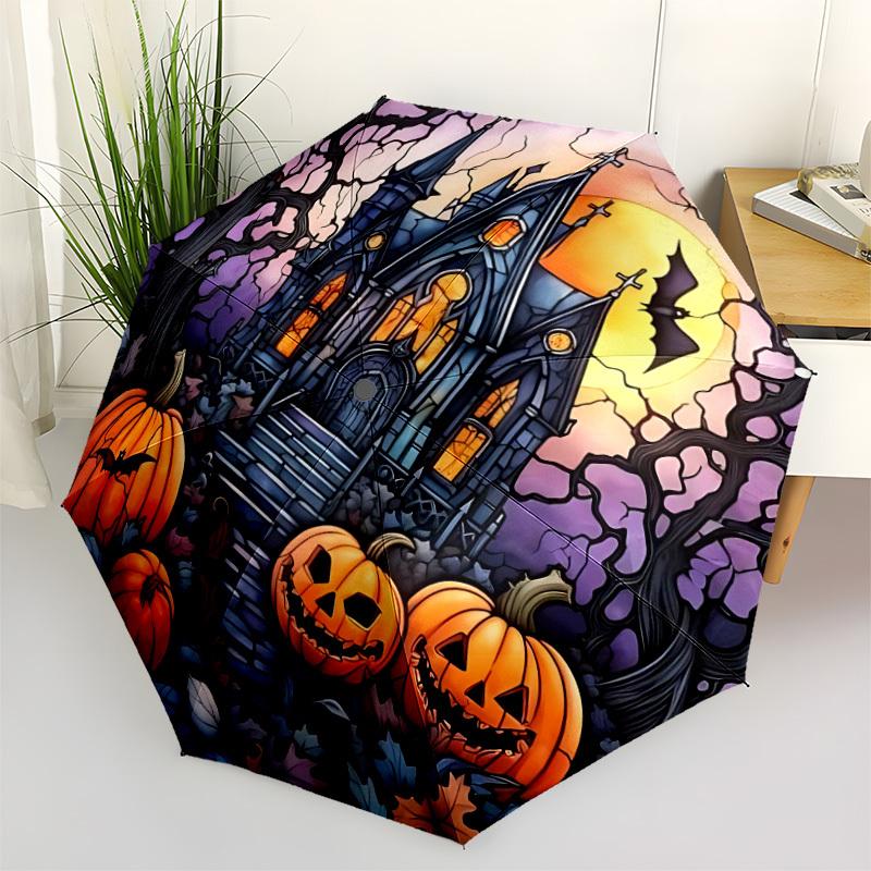 1pc Halloween Castle Automatic Open/Close Umbrella with 8-Rib Windproof Frame, Spooky Gothic Design (Bats, Pumpkins, Haunted H