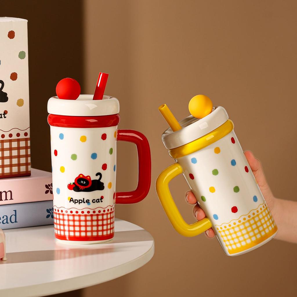 Cute Large-capacity Ceramic Polka Dot Mug with Lid High-value Girl Office Couple Birthday Gift Girl