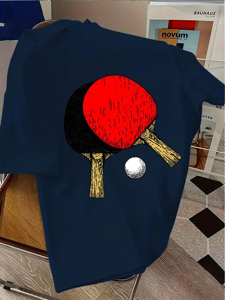 Unisexs Navy Crew Neck Tee Vintage Table Tennis Racket Ball Graphic Sports Loose Summer Casual Daily Soft Street Short Sleeve Shirt