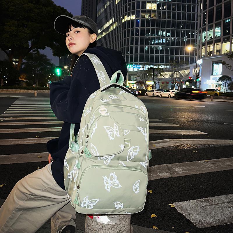 Butterfly Print Junior High School Student Schoolbag Women's Large Capacity Travel Lightweight Backpack with Coin Purse
